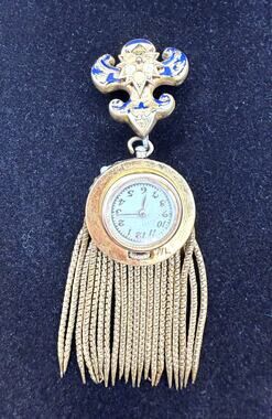 Antique Gold Tone Blue Enamel & Pearl Watch Brooch